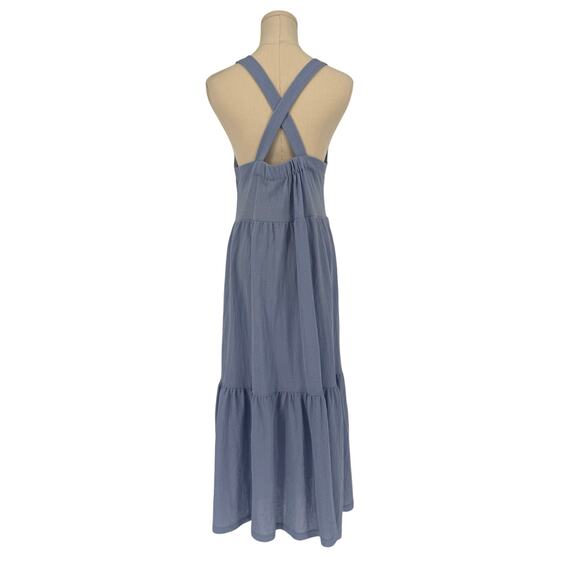 MANGO Light Blue Chambray Cross Back Tiered Midi Dress, Size 8 - Picture 3 of 6